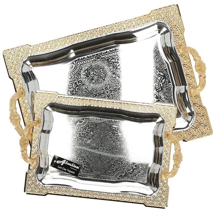 2er-Set Serviertabletts aus hochwertigem 18/10 Edelstahl – Funktionalität trifft auf Eleganz Motiv 5 Silber/Gold – Bild 4