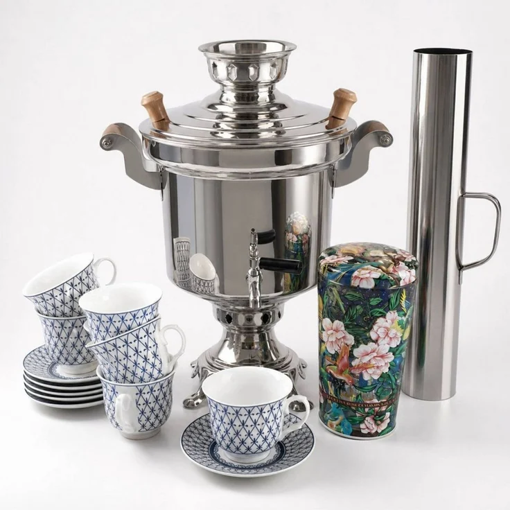 BIG-PAN Teeservice Traditionelles Samowar Komplettset 5L Edelstahl Rauchrohr Tassen (12-tlg), 6 Personen, Edelstahl, Porzellan, Holzkohle Teemaschine Schornstein Geschirr-Set Premium Ceylon Tee – Bild 3