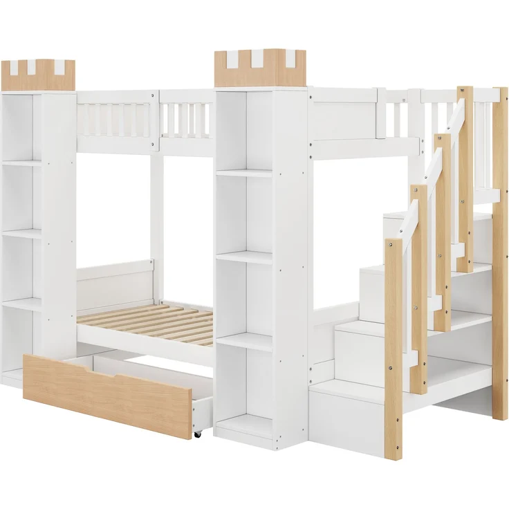 Etagenbett mit 2 Liegeflächen à 90×200 cm, Rausfallschutz und Stauraumtreppe, Weiß, ohne Matratzen – Bild 9