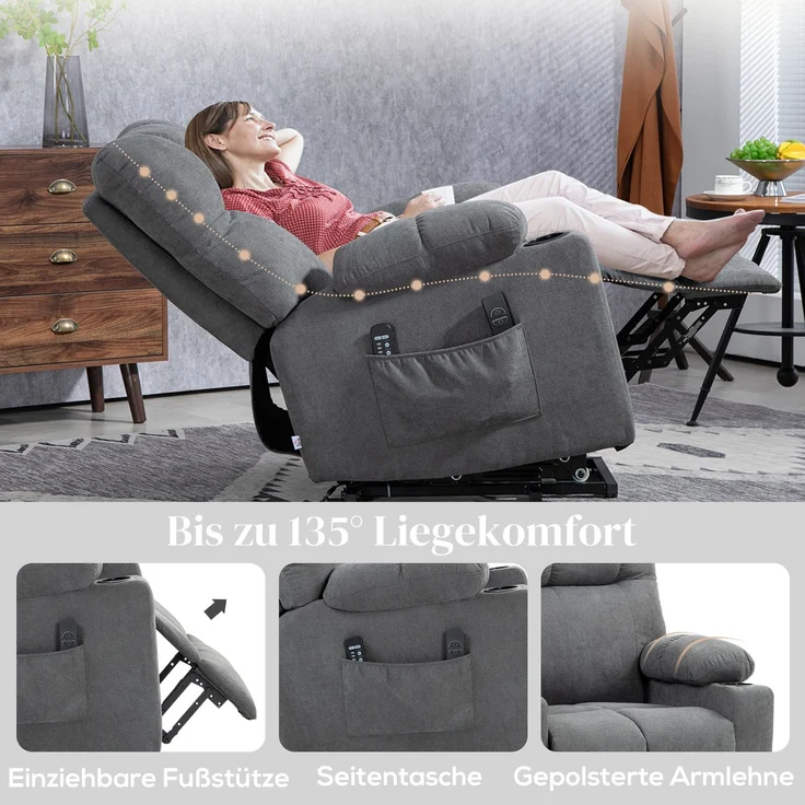 HOMCOM Sessel mit Aufstehhilfe, Polyester, Metall, Grau, 91L x 95B x 109H cm – Bild 6