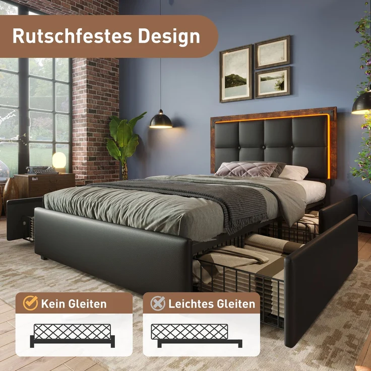 Merax Polsterbett, mit LED-Beleuchtungsleiste und 4 Schubladen, Höhenverstellbares Kopfteil, Funktionsbett, Ohne Matratze, PU Schwarz/Grau, 90x200cm – Bild 7