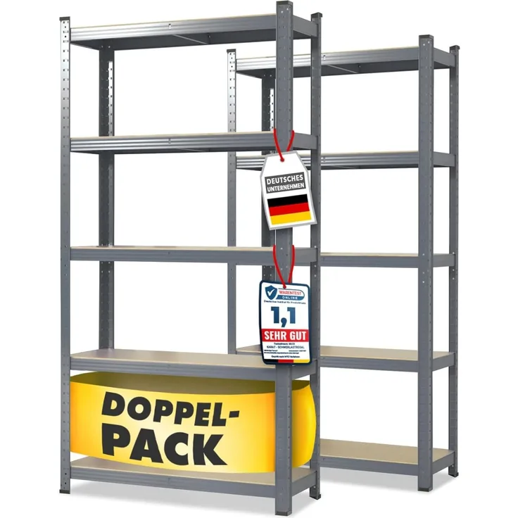etm Schwerlastregal 2-er Pack 180 x 90 x 40 cm grau | Steckregal, Lagerregal, Standregal, Stecksystem ohne Werkzeug montierbar (Lakota, grau)