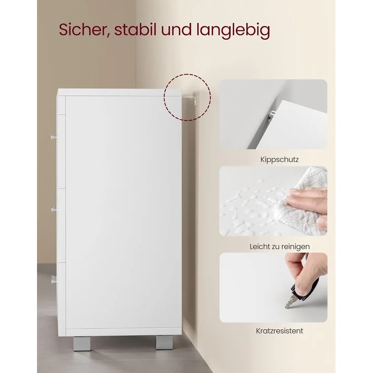 VASAGLE Waschbeckenunterschrank, Badezimmerschrankmit 3 große Schubladen, 2 Fächer, auch für Waschbecken mit Beckensäule, Badezimmer-Unterschrank mit Füßen, 30 x 70 x 64 cm, wolkenweiß BBK504W01 – Bild 10