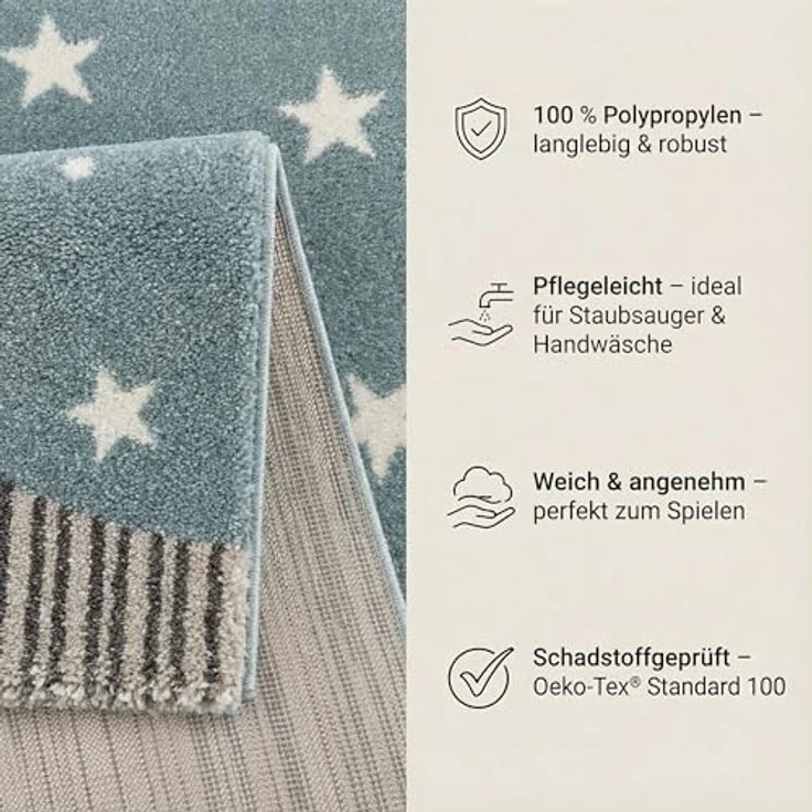 Teppich Kinderzimmer - Teppiche für Kinderzimmer, Kinderteppich Junge, Kinderteppich mit Bergen, Bär, Panda, Sterne, (Türkis-Beige, Größe: 160x230 cm) – Bild 6