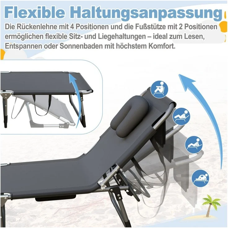 FIVMEN Gartenliege Faltbare Sonnenliege mit Gesichtsausschnitt 4 fach verstellbar 160kg, Garten Strandliege mit Kopfkissen Seitentasche Tragegriffe, 190x63cm – Bild 4
