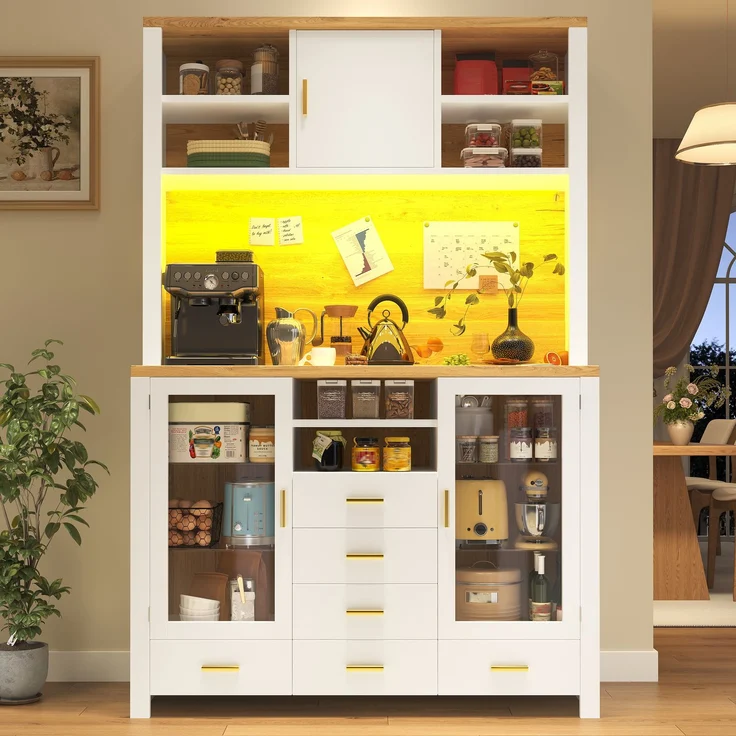 Seitenboard / Aufbewahrungsschrank / Multifunktions-Küchenschrank / Buffetschrank, 120x40x188cm, Landhausstil, 4 Türen, mit LED-Lichtleiste, 6 Schubladen & 3 Türen, Weiß mit Holzoptik – Bild 5