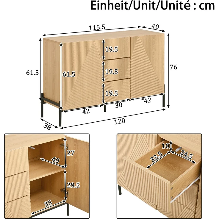 Merax Sideboard mit geometrischer Struktur, Doppeltüren, Mittlere Schublade, Viel Stauraum, Multifunktionaler Aufbewahrungsschrank für Wohn-/Esszimmer – Bild 4