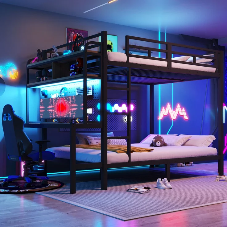 Etagenbett, 140x200 cm, Eisenrahmen, Ablagefach, Schreibtisch, mit LED-Lichtleiste, USB-Anschluss, Sicherheitsgeländer, Leiter, ohne Matratze, schwarz – Bild 1