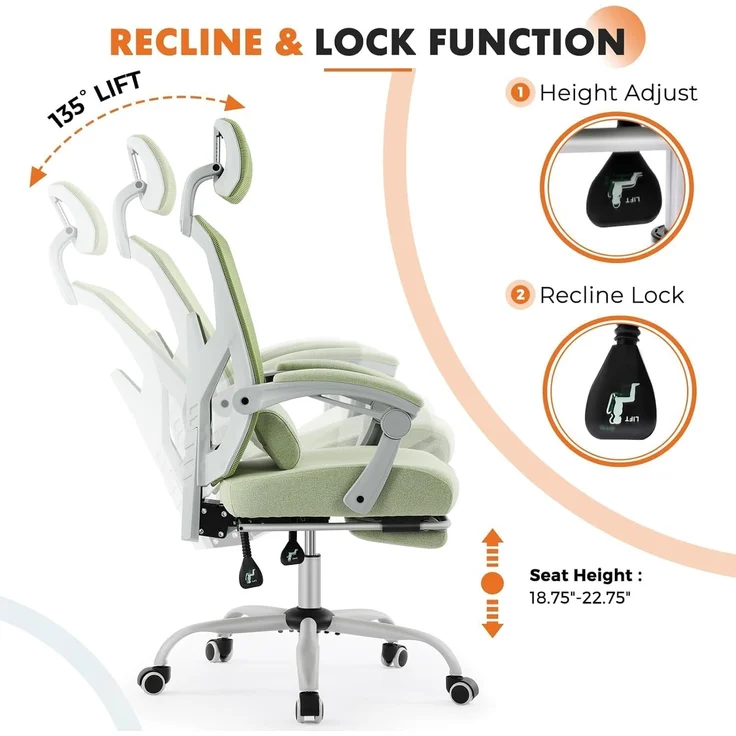 Sweetcrispy Büro-Computer-Schreibtisch Stuhl, Gaming-Stühle für Erwachsene, High-Back Mesh Rolling Swivel Reclining Stühle mit Rädern, Bequeme Lendenwirbelstütze, Bequeme Arme Grün – Bild 7