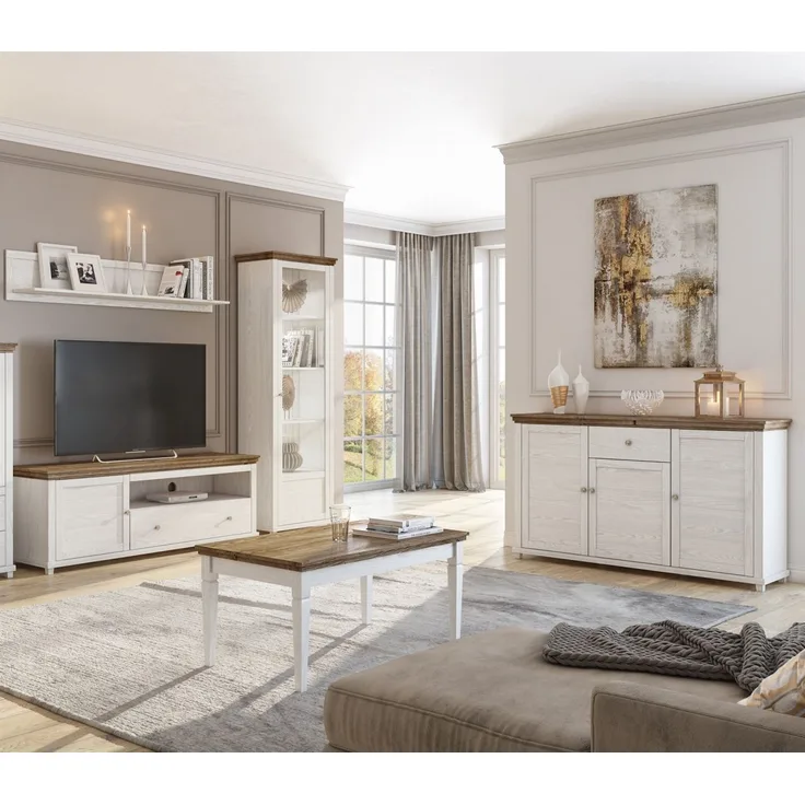 Wohnzimmer-Set HOME 5 tlg Schrankwand mit Couchtisch Weiss Abisko