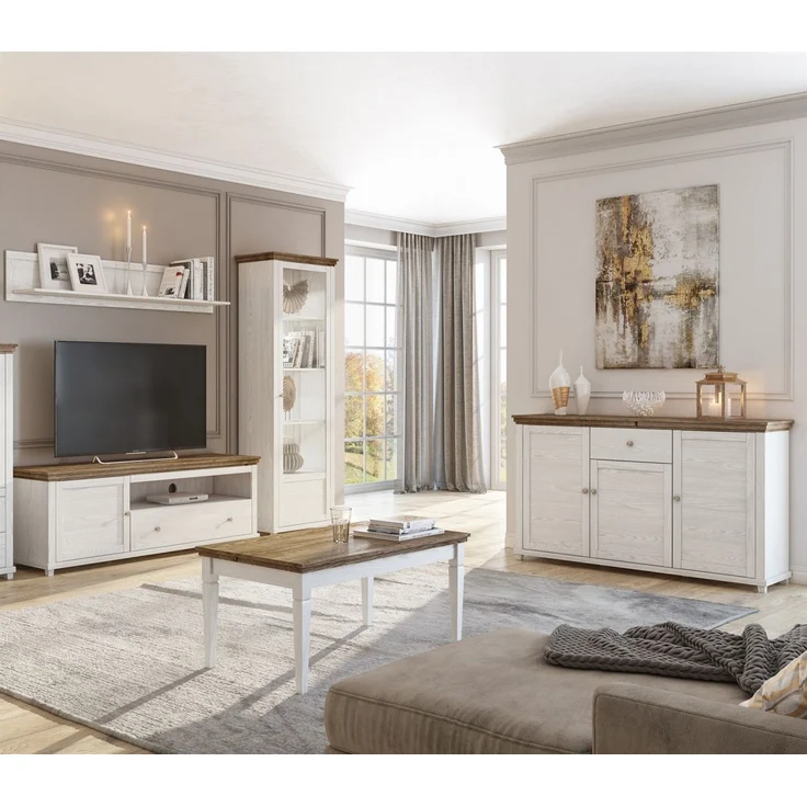 Wohnzimmer-Set HOME 5 tlg Schrankwand mit Couchtisch Weiss Abisko – Bild 1