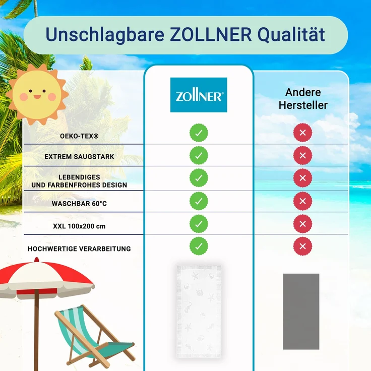 ZOLLNER Strandtuch XXL aus Baumwolle, 100x200 cm, weiß mit Meerestiermotiven – Bild 5
