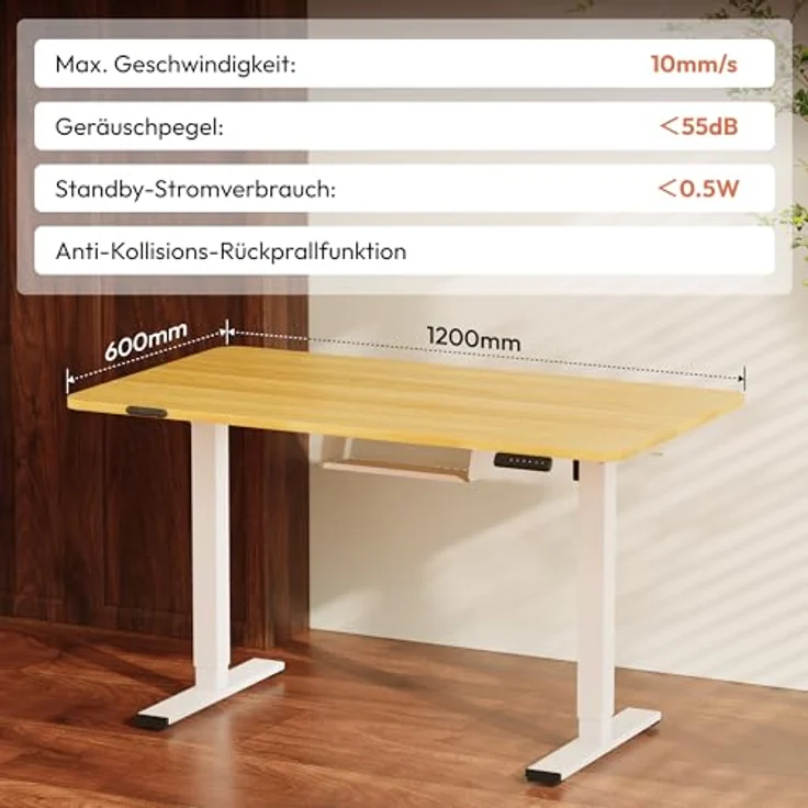 SANODESK Höhenverstellbarer Schreibtisch KOMPLETTE TISCHPLATTE Schreibtisch Höhenverstellbar Elektrisch Ergonomischer Steh-Sitz Tisch Computertisch für Heimbüro Homeoffice 120x60 cm(ahorn) – Bild 11
