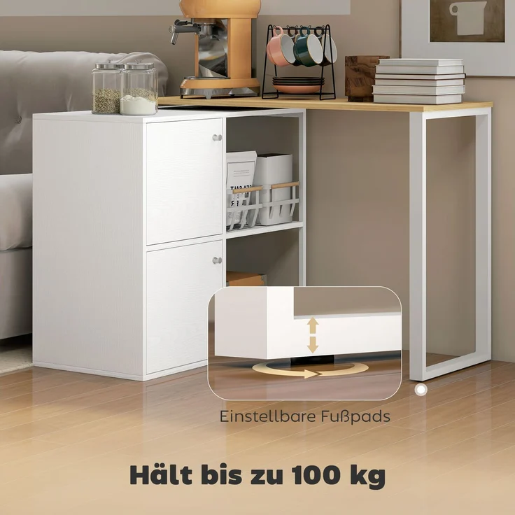Schreibtisch L-förmig, 360° drehbarer Eckschreibtisch mit 2 Lagerschränken, 2 offenen Regalen, Computertisch für kleine Räume, Arbeitszimmer, Wohnzimmer, 150x40x75 cm, Weiß--Weiß--75x40x150cm--YOUDENOVA – Bild 8