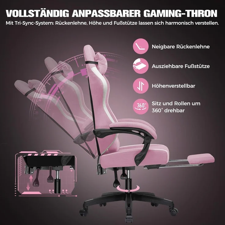 GTPLAYER Gaming Stuhl Ergonomischer, PC Stuhl Atmungsaktiver Stoff, Groß und Hoch Drehbarer Schreibtischstuhl mit Fußstütze,Verstellbare Lendenwirbelstütze und Kopfstütze,Rosa – Bild 4