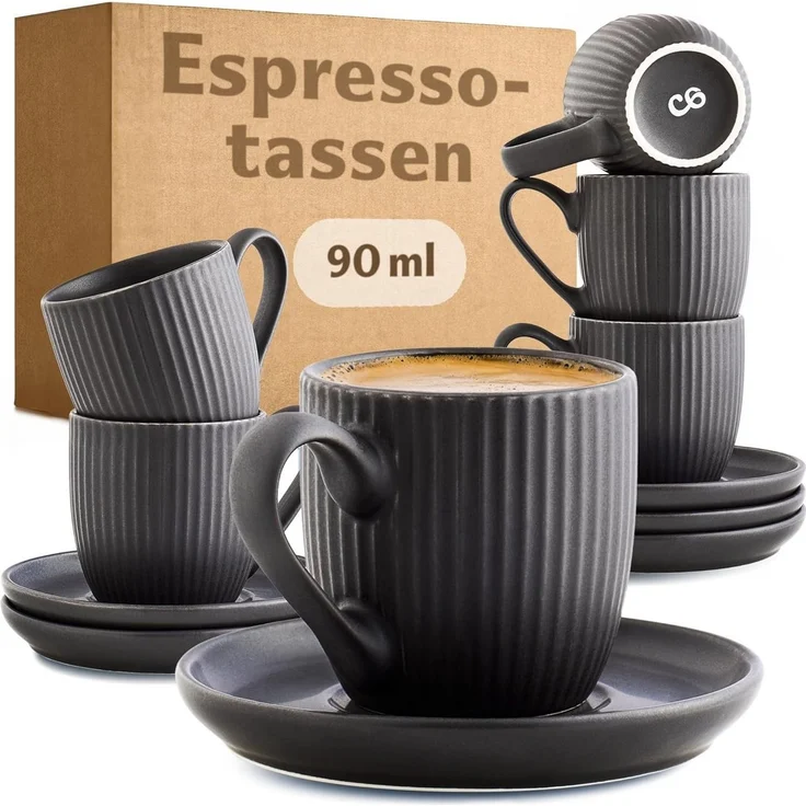 Cosumy Espressotasse Espressotassen Set 6er Schwarz Matt 90 ml mit Untertassen Mokkatassen, 12-tlg, Keramik, Handgefertigt, dickwandig, spülmaschinen- & mikrowellenfest, matt – Bild 1