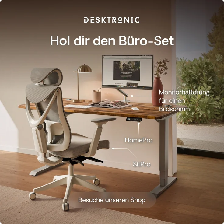 Desktronic HomePro Elektrisch höhenverstellbarer Schreibtisch 180x80cm Massive Walnuss/Grau mit Memory-Funktion, Anti-Kollisions Technologie, USB-A und USB-C-Ladeanschlüssen – Bild 9