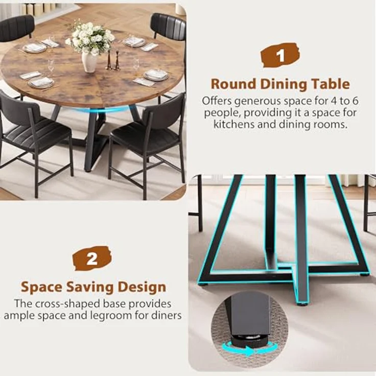 Esstisch Runder und 4 Esszimmerstühle Set, Essgruppe 5-Teilig, Küchentisch mit stabilem Metallgestell und 4 stühle, platzsparender Esszimmertisch aus Holz im Industrial Design (Vintage Braun, 120cm) – Bild 3