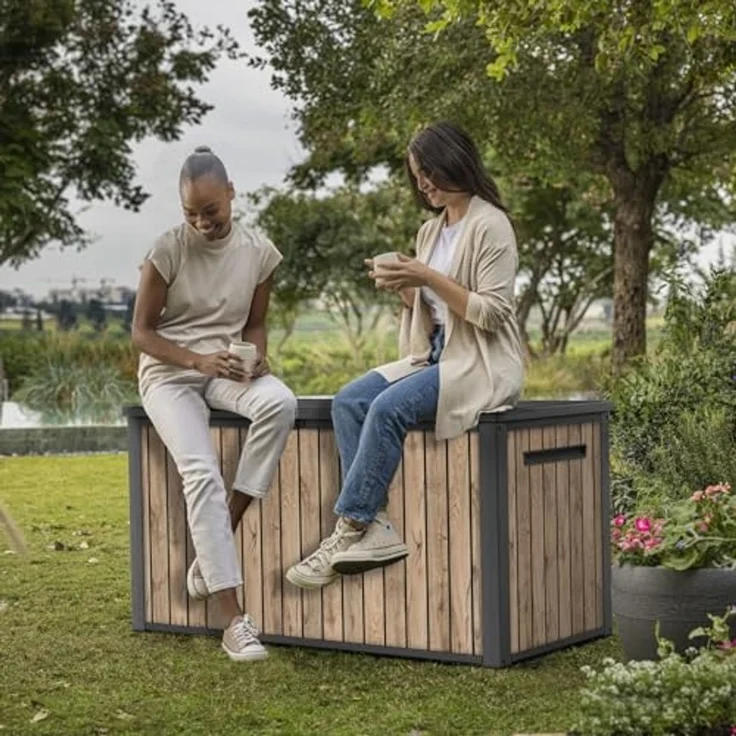 Keter Gartenbox "Sierra" 643L 144x70x73 cm Holzoptik Pinie Deckel bis 272 kg belastbar, Wasserfest, abschließbar – Bild 5