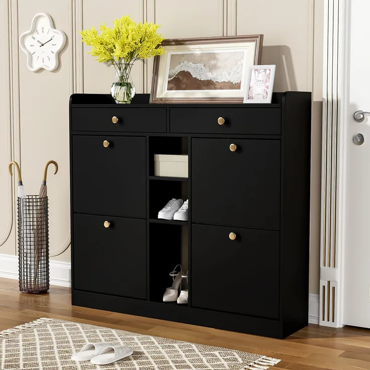 ZUBALIYA Schuhschrank (110 x 26 x 100 cm), 4 Klappfächer und 2 Schubladen, Offener Stauraum, Stauraum für Flur und Eingangsbereich, Schwarz