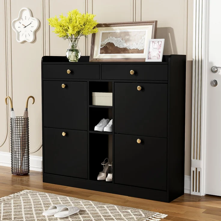 ZUBALIYA Schuhschrank (110 x 26 x 100 cm), 4 Klappfächer und 2 Schubladen, Offener Stauraum, Stauraum für Flur und Eingangsbereich, Schwarz – Bild 1
