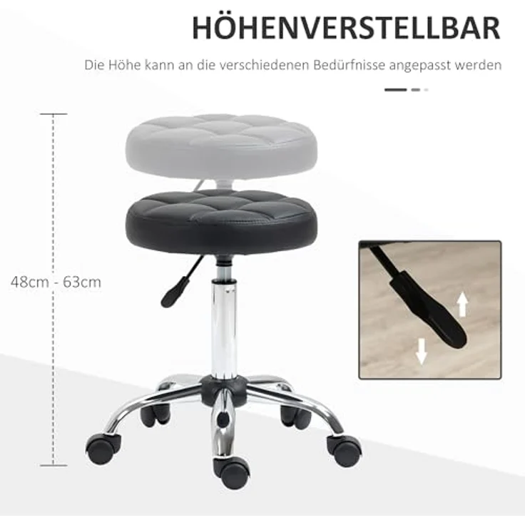 HOMCOM 2er-Set Rollhocker höhenverstellbar, Drehhocker 48-63 cm, Arbeitshocker 360° drehbar, Bürohocker für Büro, Salon, Massage, Spa, Schwarz – Bild 4