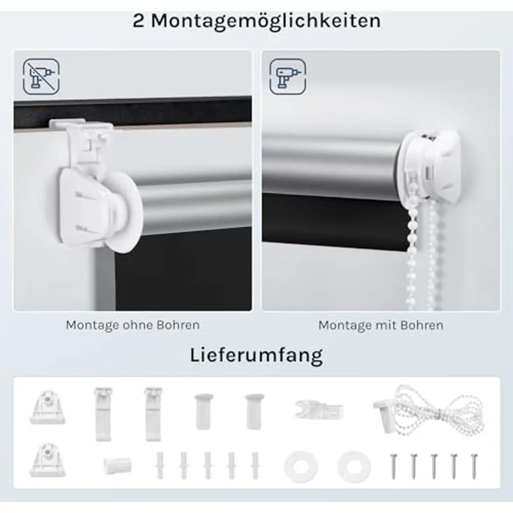 WOLTU Verdunkelungsrollo ohne Bohren, Thermo Verdunkelungsrollo mit Kette, Sichtschutz, für Türen und Fenster, Schwarz，B95 x H130 cm – Bild 5