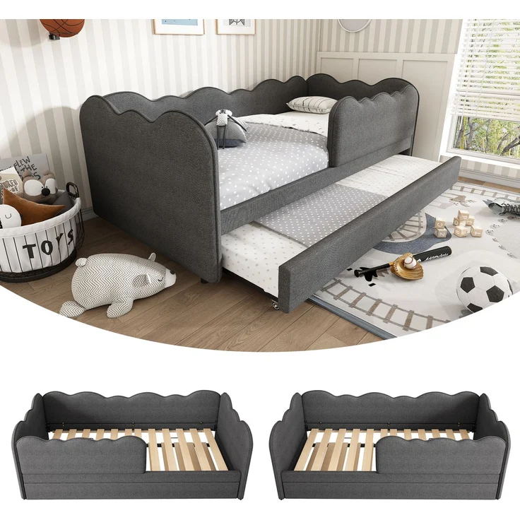 EINHOM Polsterbett Daybett 90 x 190 cm, Tagesbett Schlafsofa mit Ausziehbett 90 x 190 cm, Kinderbett mit Lattenrost, Leinen, Grau, (Ohne Matratze) – Bild 1