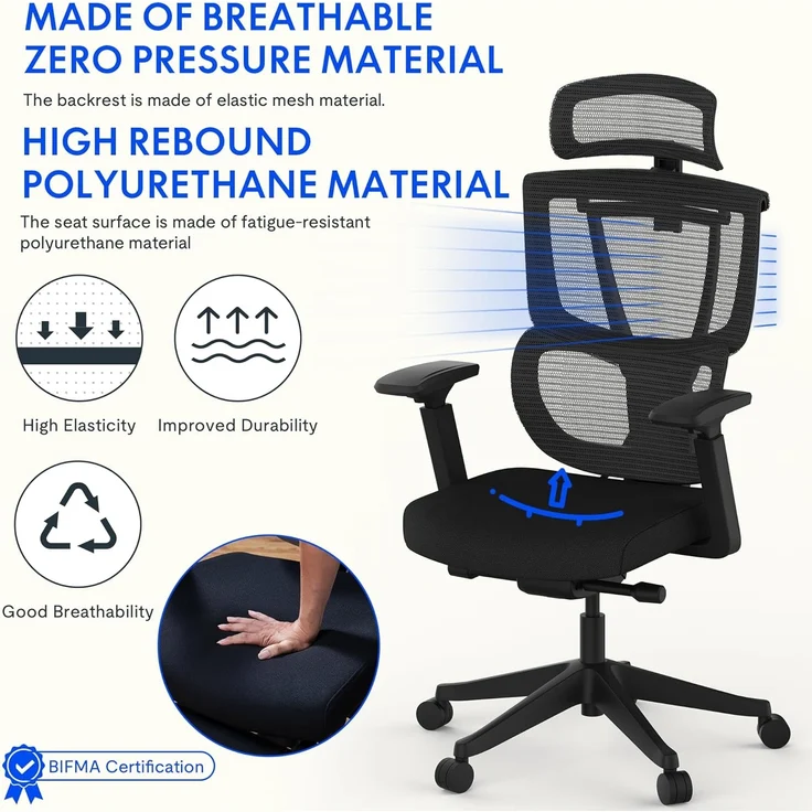 FLEXISPOT Bürostuhl Schreibtischstuhl Premium Ergonomischer C7 (Rückenlehne verstellbar 90°-128°, 2D-Kopfstütze, 3D-Armlehnen), Chef-Mesh-Bürostuhl, Computer-Bürostuhl, 130KG Tragkraft – Bild 6