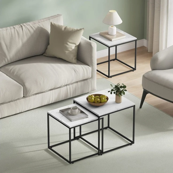 Home Collective Couchtisch 2er Set Beistelltisch Loft Design 2in1 Verschachtelung Wohnzimmer, kratzfeste Oberfläche 50&45cm Marmor Optik, schwarz Beinen quadratisch – Bild 2