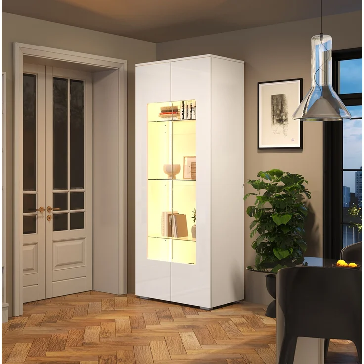 DESVIAE Vitrine mit LED-Beleuchtung, 2 Acryltüren, 70x173x40 cm, MDF Weiß – Bild 2