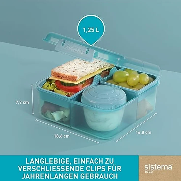 Sistema Bento Box Ocean Bound Plastic Brotdose mit Fächern | 1,25 L Lunchbox mit Joghurt-/Fruchtbehälter | Lunchbox Kinder & Erwachsene l | Hergestellt mit recyceltem Kunststoff | türkis – Bild 4