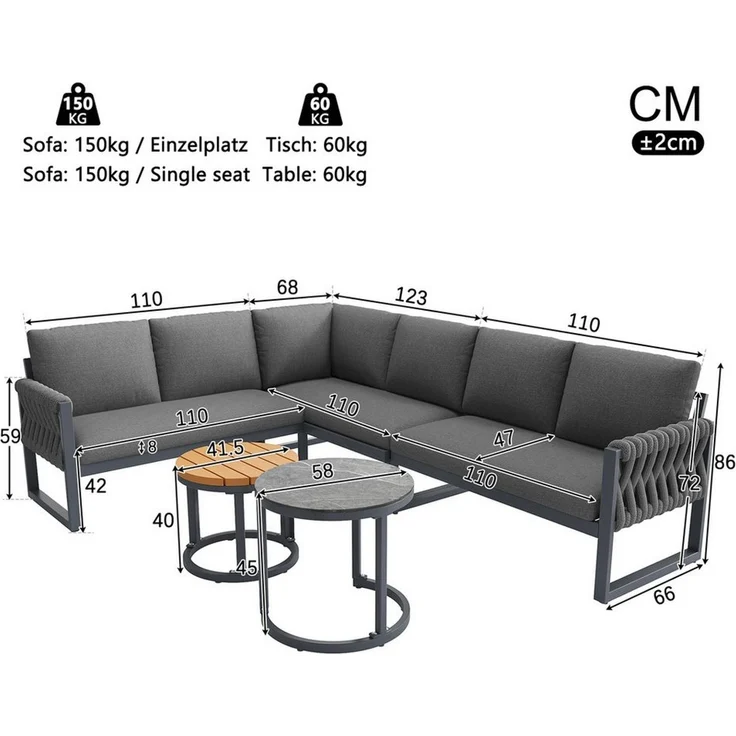 Merax Gartenlounge-Set L-förmiges Gartensofa-Set aus Eisen, (Gartenlounge Set mit verstellbaren Beinen & abnehmbaren Kissen, 5-tlg), 6-Sitzer Gartenmöbel Sitzgruppe mit Couchtische, 2-Sitzer-Sofa,Ecksofa – Bild 4