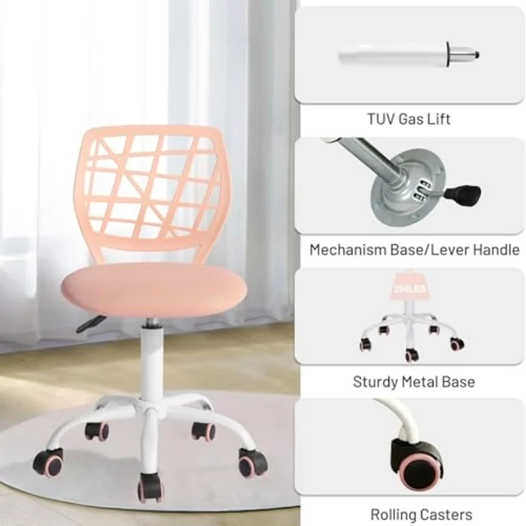 FurnitureR Kinder Schreibtischstuhl, höhenverstellbarer Drehstuhl mit kleinem Loch Rückenlehne Design, geeignet für Kinderzimmer oder Arbeitszimmer, rosa Plica – Bild 4