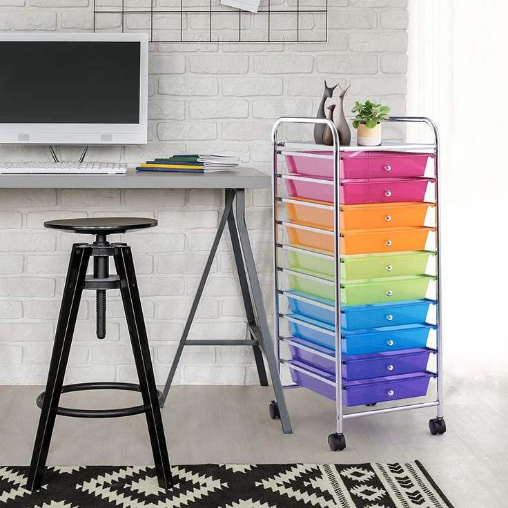 COSTWAY Rollwagen mit Schubladen Rollcontainer Badrollwagen Badtrolley Badregal Beistellwagen mit 10 stapelbaren Schubladen Metallgestell Bunt – Bild 2