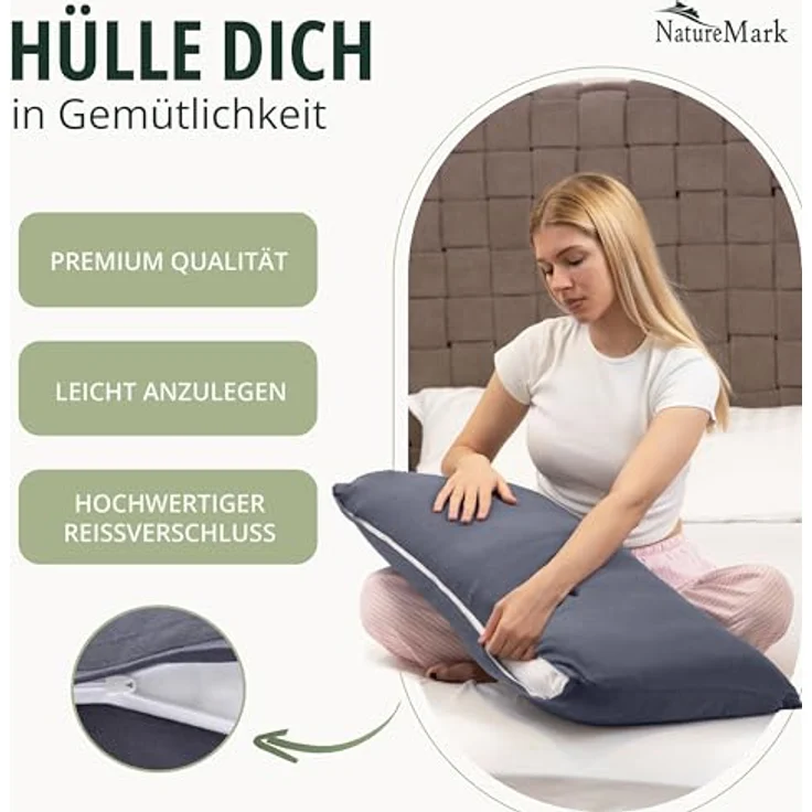 NatureMark 2er Pack Jersey Kissenbezug Kissenhülle Kissenbezüge Seitenschläferkissen Nackenkissen viele Größen und Farben ÖKO-TEX (40x80 cm, Anthrazit grau) – Bild 6