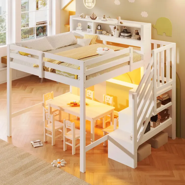 Hochbett mit RGB LED-Streifen, Stauraum, Lattenrost, Rausfallschutz und Regal, Treppe mit Regal, 140x200 cm, Kinderbett, Kiefer – Bild 2