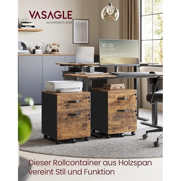 VASAGLE Rollcontainer, abschließbar, Aktenschrank mit 2 Schubladen, 5 Rollen und verstellbarer Hängeregistratur, strukturierte Oberfläche, für Dokumente im A4- und Letter-Format, vintagebraun-tintenschwarz LCD022K01 – Bild 2