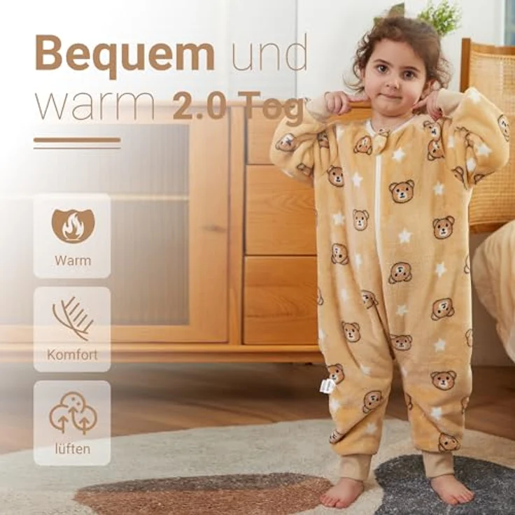 XQ&XG Baby Schlafsack mit Füßen 2.0 Tog,Babyschlafsack mit langen Ärmeln,Schlafsack Kinder mit Beinen für mädchen und Junge,Braun Bär,110 – Bild 3