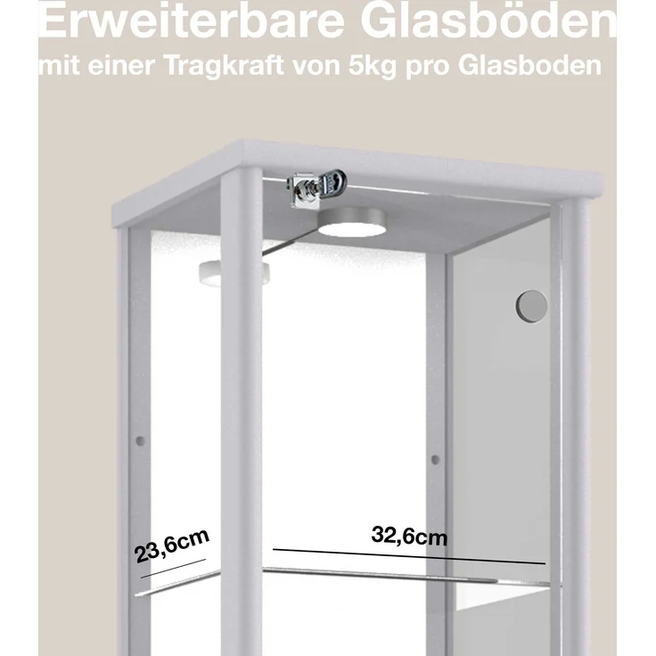 K-Mbel Sammlervitrine (176x37x33cm) - Made in Germany - Vitrinenschrank Silber / Alu mit 4 hhenverstellbaren Glasbden, Spiegel, Schloss & LED - Glasvitrine Stehend - Display Cabinet – Bild 5