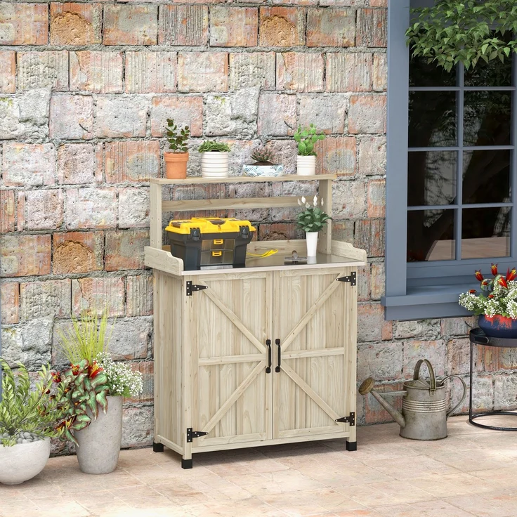 Umtopf-Tisch, Gartentisch, Schrank und Regale sowie Tablett mit rutschfesten Gleitern, 90,5 x 41 x 124,5 cm, Naturholz – Bild 4