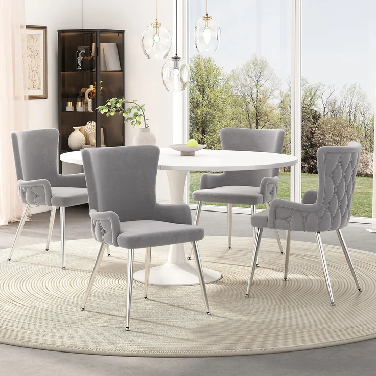 Merax Samt-Esszimmerstuhl, 2er-Set, luxuriöser Wohnzimmer-Schlafzimmer-Loungesessel mit vier silberfarbenen Metallstützbeinen, hellgrau – Bild 3