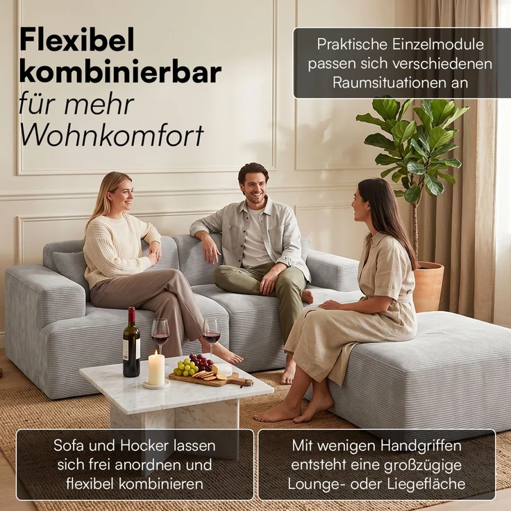 skølm 'Freki' Cloud Sofa 2 Sitzer mit Hocker, Vollschaumcouch mit Federkern und Vakuum-Kompression, kein Aufbau erforderlich, mit 2 Kissen, Cord grau – Bild 7