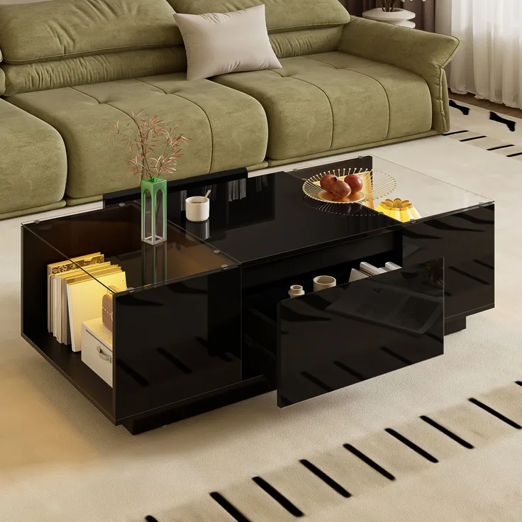 LED-Couchtisch 105×50×35 cm Schwarz Hochglanz Tisch mit Glasplatten, LED-Beleuchtung steuerbar via Bluetooth und App