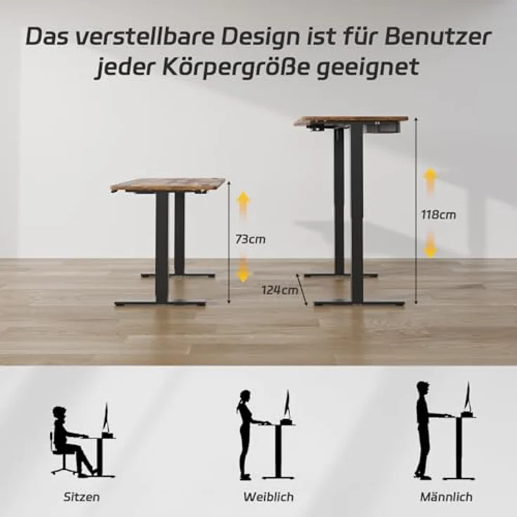 JUMMICO Höhenverstellbarer Elektrischer Stehtisch 140 x 80 cm mit Schublade und Haken – Höhenverstellbarer Sitz-Steh-Tisch mit Stabilem Stahlrahmen, Breiter Stehtisch für das Homeoffice, Braun – Bild 3