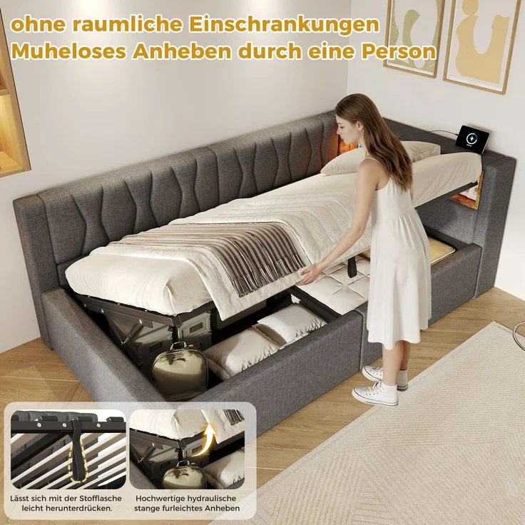 Daybett, Tagesbett, Schlafsofa,90x200cm, Ohne Matratze, Hydraulische Lagerung, mit dimmbarer LED-Leiste, mit praktischem Regal, mit USB-Anschluss, Grau – Bild 9