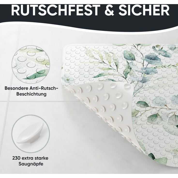Sanilo Duschmatte, mit Motiv, rutschfest, waschbar, quadratisch, 230 extra starke Saugnäpfe, Kunststoff PVC, 53 x 53 cm, Eukalyptus – Bild 4