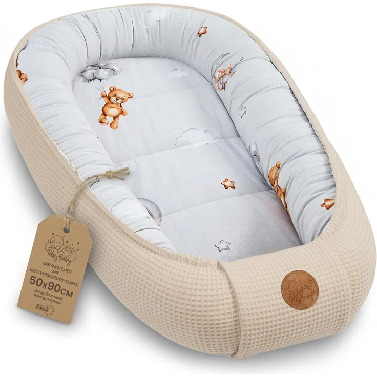 Babynest Neugeborene Nestchen Baby - 90x50 cm Kokon Handmade zweiseitig aus Waffel Piqué Baumwolle Schlummer Teddybären B – Bild 1