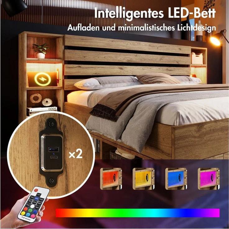 Flieks Holzbett, LED Doppelbett 160×200cm mit Aufladen, Stauraumfächer und Schubladen – Bild 3