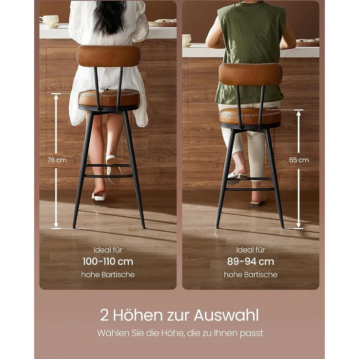 VASAGLE EKHO Kollektion - 360° drehbarer Barhocker, 2er Set, Hocker mit Rückenlehne für Kücheninsel, Kunstleder mit Nähten, Mid-Century-Modern-Stil, 65 cm hoch, Küche, Hausbar, karamellbraun – Bild 9